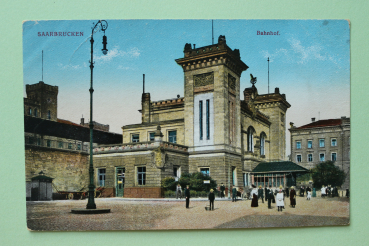 Postcard PC Saarbruecken 1910-1930 railway station Town architecture Saarland